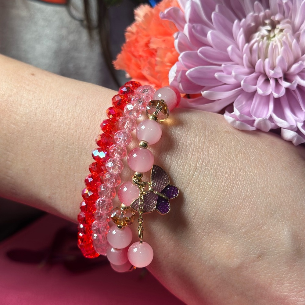Elegant Pink and Red Gemstone Bracelet Set